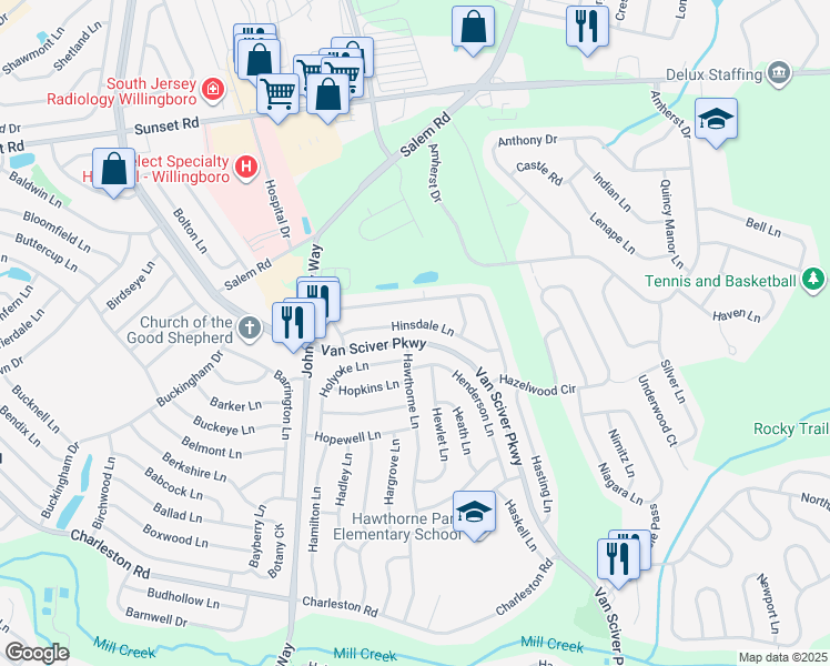 map of restaurants, bars, coffee shops, grocery stores, and more near 38 Hinsdale Lane in Willingboro