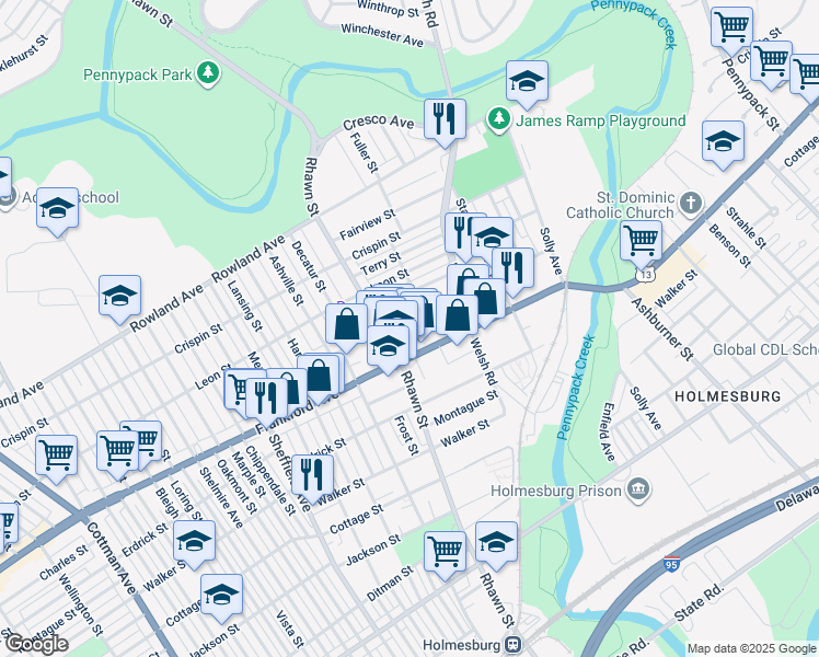 map of restaurants, bars, coffee shops, grocery stores, and more near 8015 Craig Street in Philadelphia