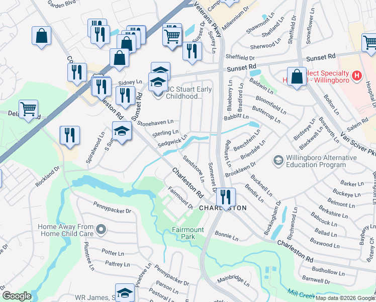 map of restaurants, bars, coffee shops, grocery stores, and more near 6 Springfield Lane in Willingboro