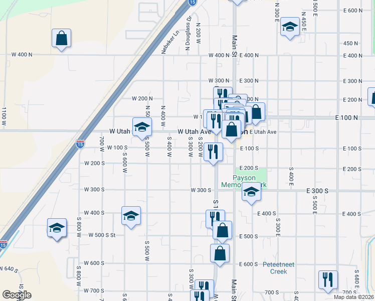 map of restaurants, bars, coffee shops, grocery stores, and more near 116 South 300 West in Payson
