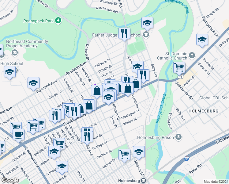 map of restaurants, bars, coffee shops, grocery stores, and more near 8015 Craig Street in Philadelphia