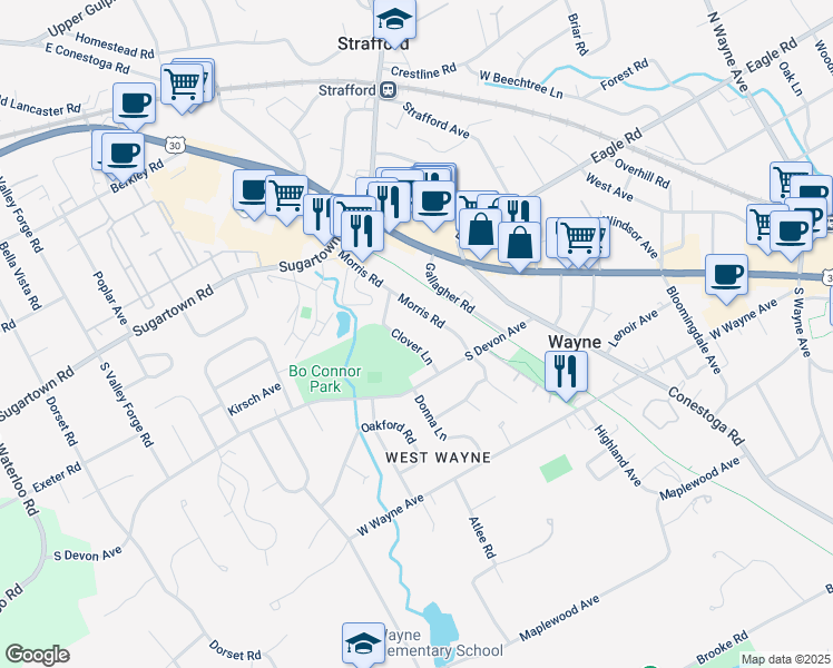map of restaurants, bars, coffee shops, grocery stores, and more near 16 Clover Lane in Wayne