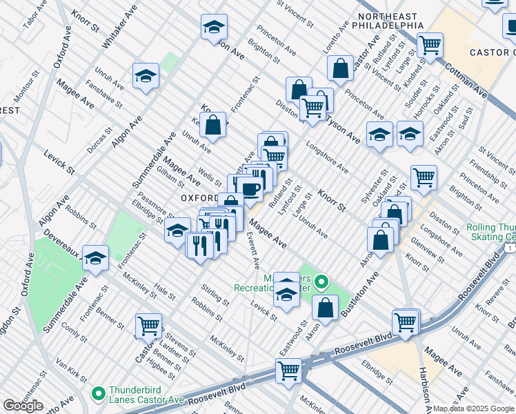 map of restaurants, bars, coffee shops, grocery stores, and more near 6650 Rutland Street in Philadelphia