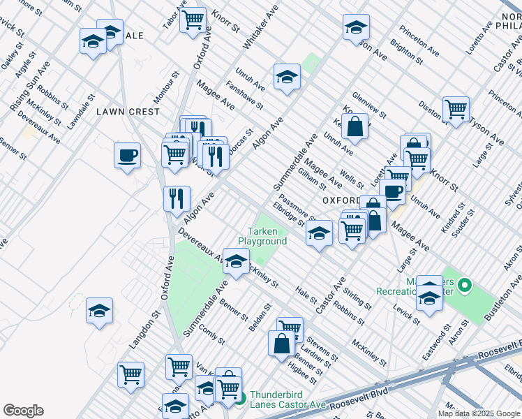 map of restaurants, bars, coffee shops, grocery stores, and more near Levick St & Summerdale Ave in Philadelphia