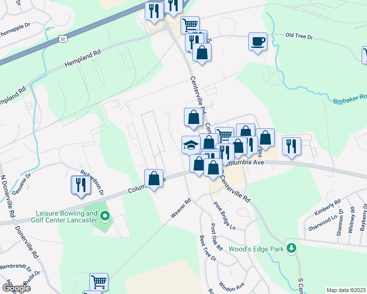 map of restaurants, bars, coffee shops, grocery stores, and more near 17 Urban Drive in Lancaster