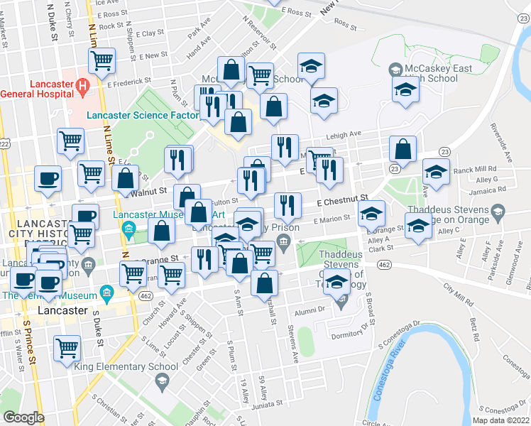 map of restaurants, bars, coffee shops, grocery stores, and more near 612 East Chestnut Street in Lancaster