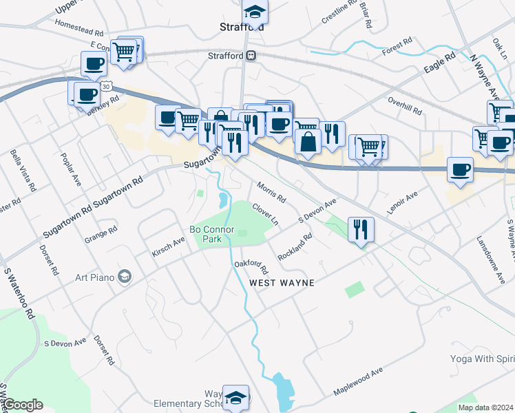 map of restaurants, bars, coffee shops, grocery stores, and more near 26 Clover Ln in Wayne