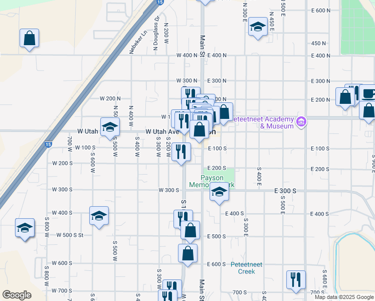 map of restaurants, bars, coffee shops, grocery stores, and more near 86 West 100 South in Payson