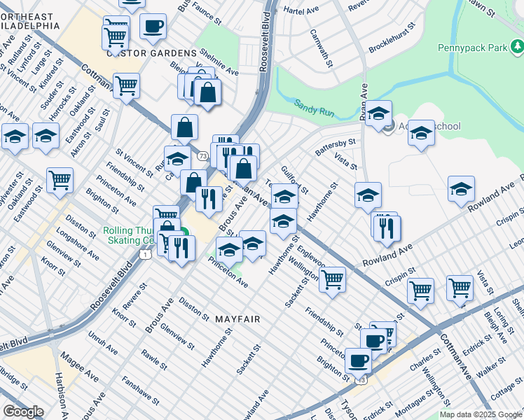 map of restaurants, bars, coffee shops, grocery stores, and more near 7239 Barnard Avenue in Philadelphia