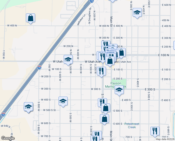 map of restaurants, bars, coffee shops, grocery stores, and more near 323 West 100 North in Payson