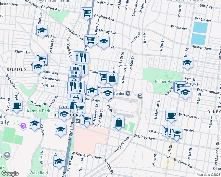 map of restaurants, bars, coffee shops, grocery stores, and more near 5900 North Marvine Street in Philadelphia