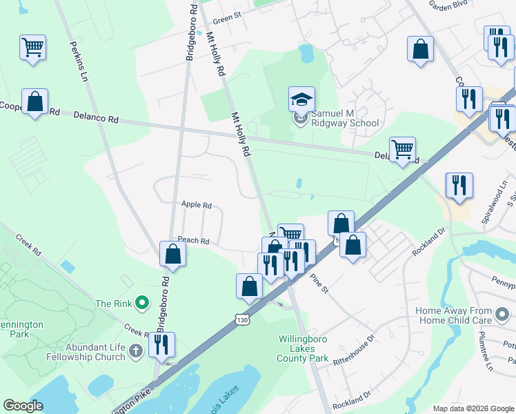 map of restaurants, bars, coffee shops, grocery stores, and more near 1503 Mount Holly Road in Beverly