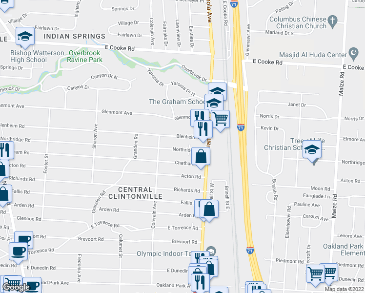map of restaurants, bars, coffee shops, grocery stores, and more near 588 Northridge Road in Columbus