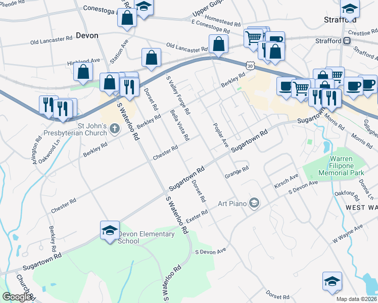 map of restaurants, bars, coffee shops, grocery stores, and more near 307 Dorset Road in Devon