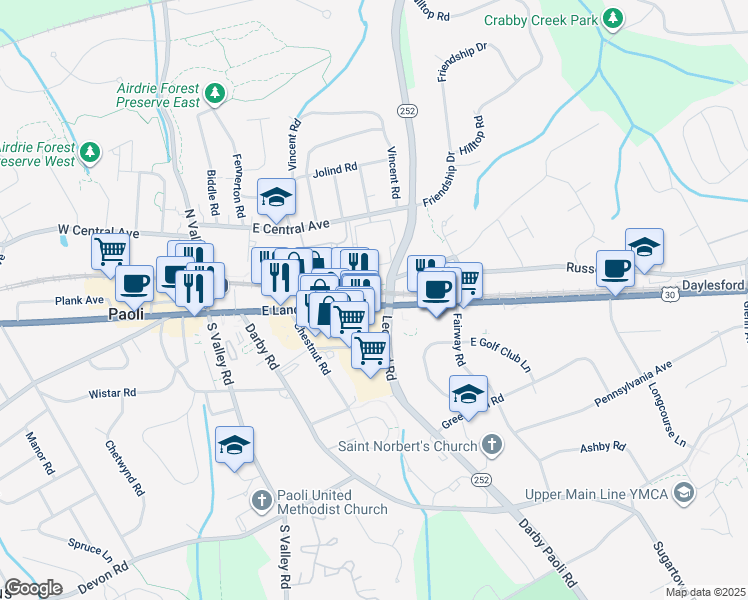 map of restaurants, bars, coffee shops, grocery stores, and more near 121 Lancaster Avenue in Paoli