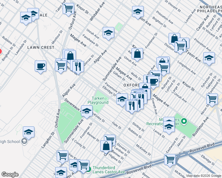 map of restaurants, bars, coffee shops, grocery stores, and more near 1232 Passmore Street in Philadelphia