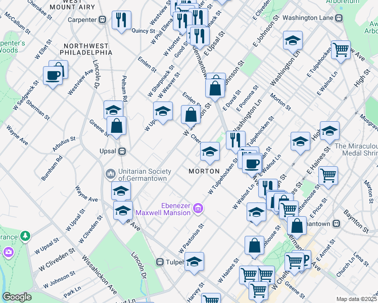 map of restaurants, bars, coffee shops, grocery stores, and more near 133 West Duval Street in Philadelphia