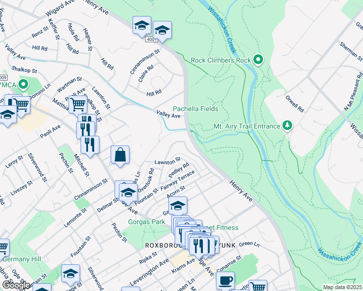 map of restaurants, bars, coffee shops, grocery stores, and more near 6476 Henry Avenue in Philadelphia