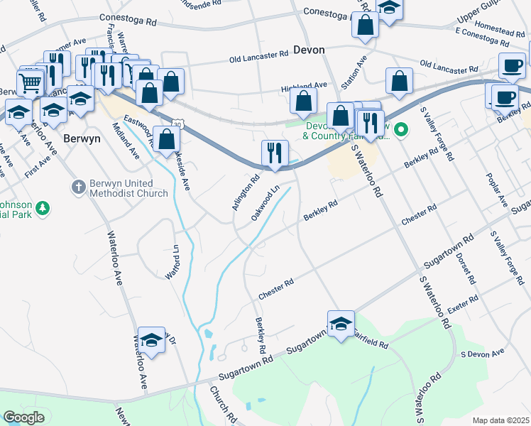map of restaurants, bars, coffee shops, grocery stores, and more near 334 Oakwood Lane in Devon