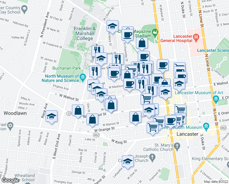 map of restaurants, bars, coffee shops, grocery stores, and more near 316 N Mary St in Lancaster