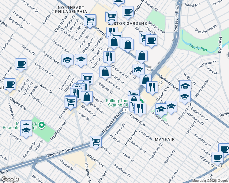 map of restaurants, bars, coffee shops, grocery stores, and more near 2209 Brighton Street in Philadelphia