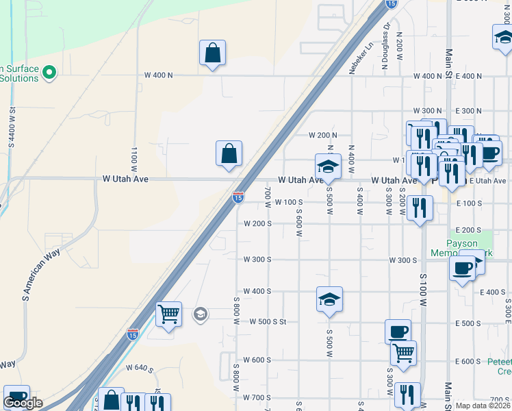 map of restaurants, bars, coffee shops, grocery stores, and more near 735 West 100 North in Payson
