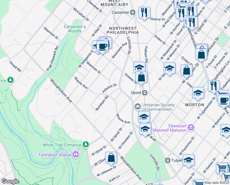 map of restaurants, bars, coffee shops, grocery stores, and more near 516 Burnham Road in Philadelphia