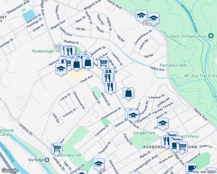 map of restaurants, bars, coffee shops, grocery stores, and more near 6802 Ridge Avenue in Philadelphia
