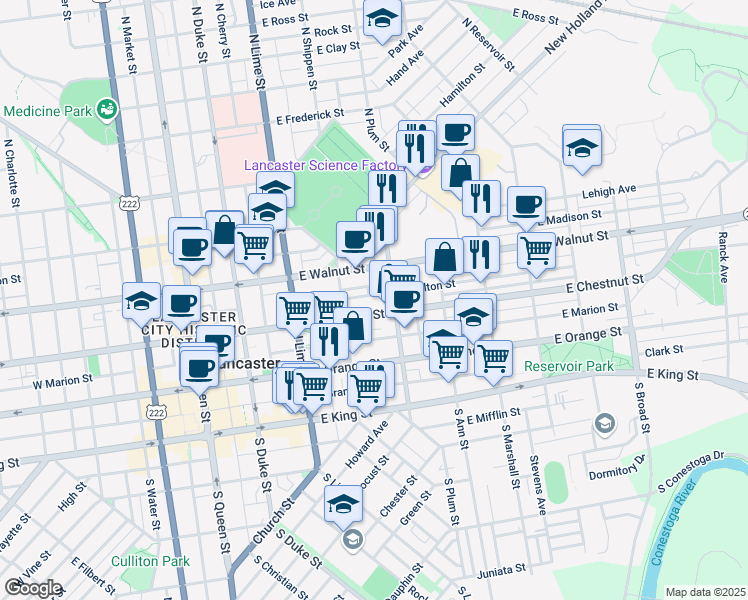 map of restaurants, bars, coffee shops, grocery stores, and more near 338 East Fulton Street in Lancaster