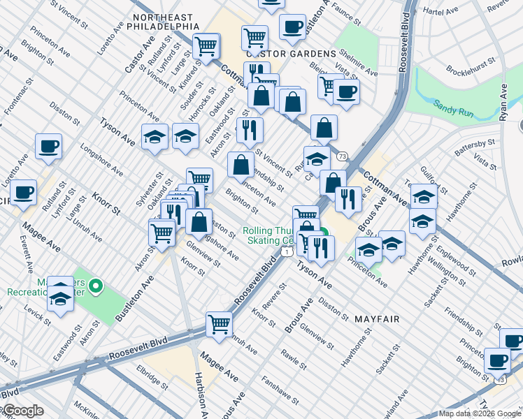map of restaurants, bars, coffee shops, grocery stores, and more near 2209 Brighton Street in Philadelphia