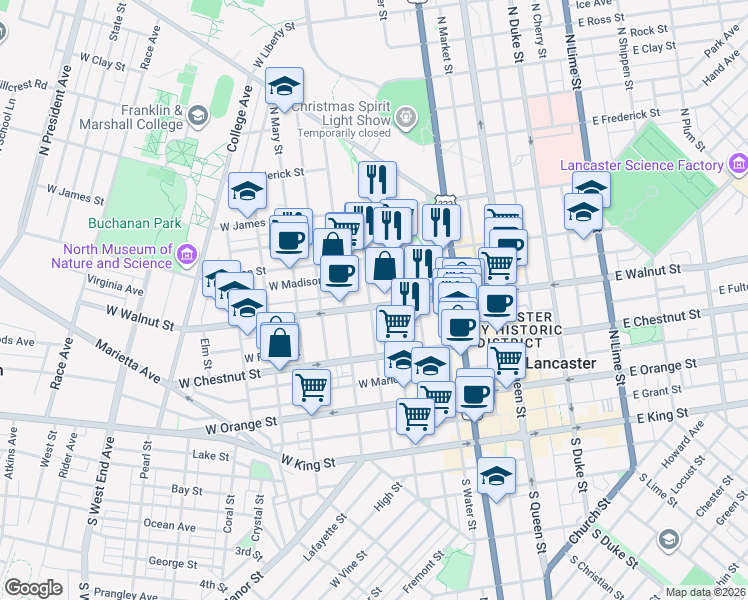 map of restaurants, bars, coffee shops, grocery stores, and more near 312 North Concord Street in Lancaster
