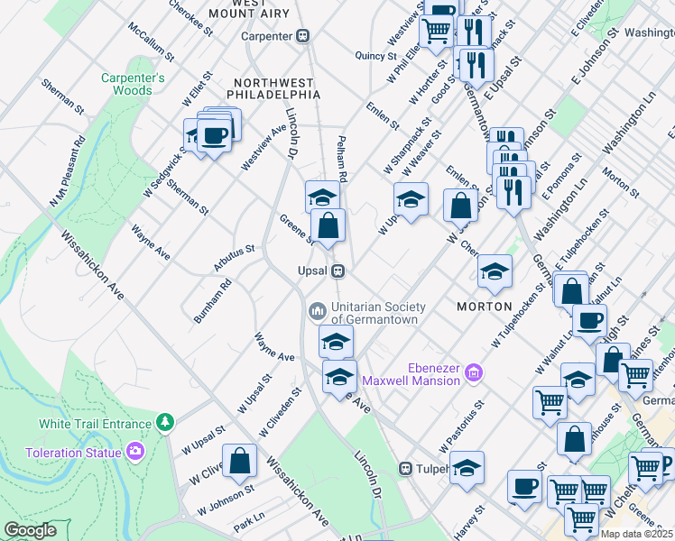 map of restaurants, bars, coffee shops, grocery stores, and more near 6505 Greene Street in Philadelphia