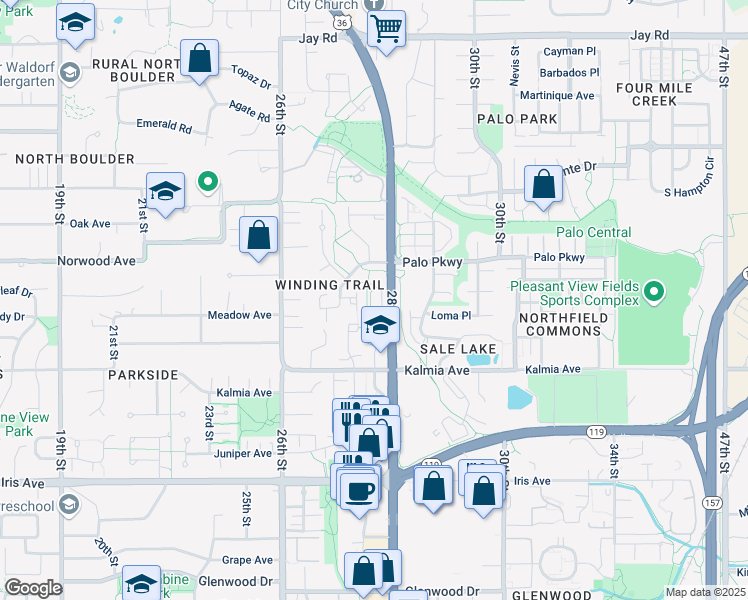 map of restaurants, bars, coffee shops, grocery stores, and more near 3740 Birchwood Drive in Boulder