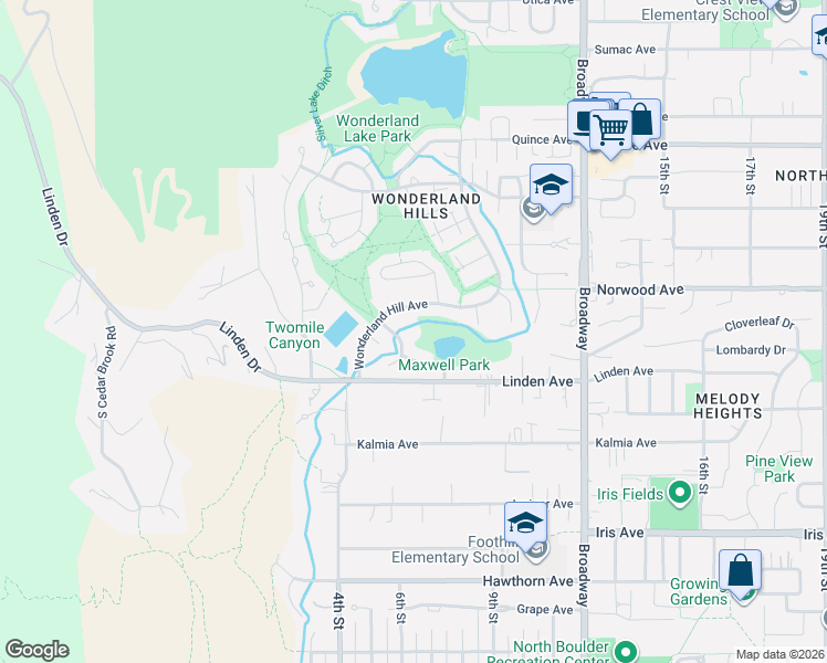 map of restaurants, bars, coffee shops, grocery stores, and more near 3752 Wonderland Hill Avenue in Boulder