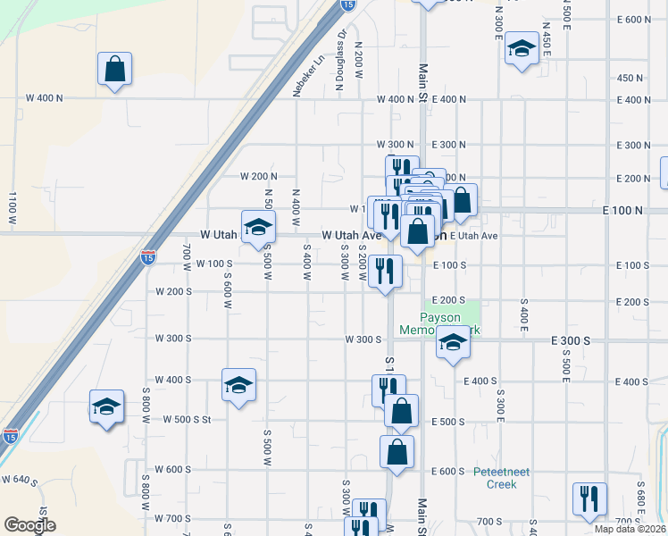 map of restaurants, bars, coffee shops, grocery stores, and more near 336 West 100 North in Payson