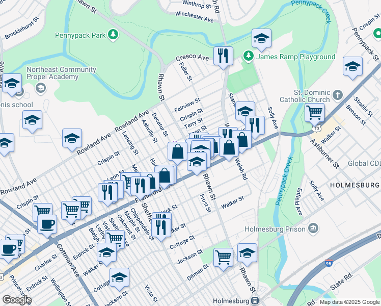 map of restaurants, bars, coffee shops, grocery stores, and more near 3529 Decatur Street in Philadelphia