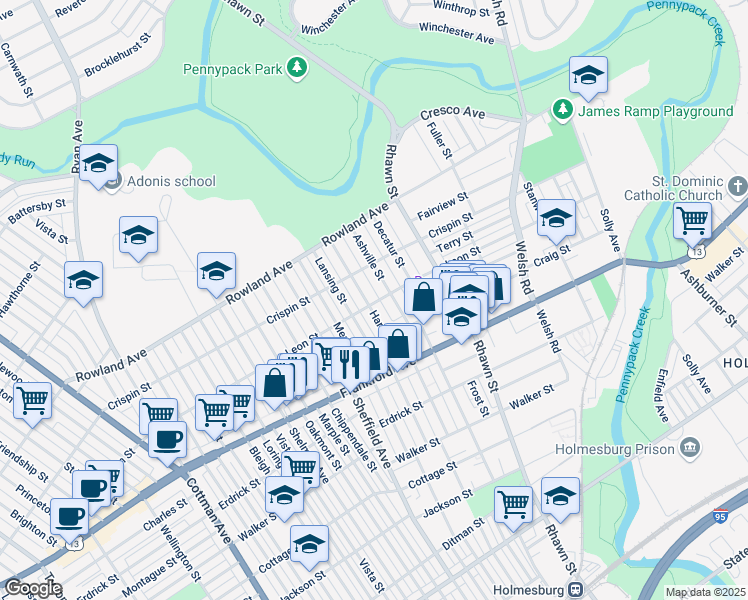 map of restaurants, bars, coffee shops, grocery stores, and more near 3428 Hartel Avenue in Philadelphia