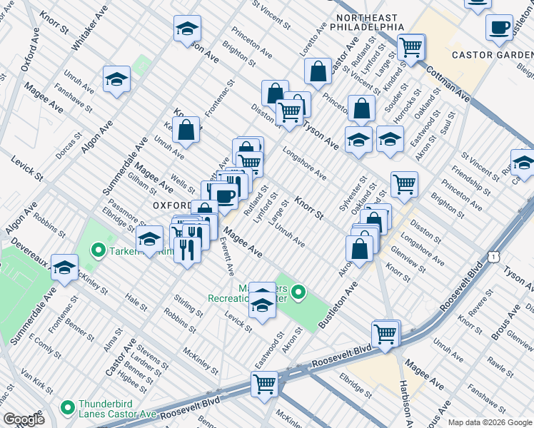 map of restaurants, bars, coffee shops, grocery stores, and more near 6707 Lynford Street in Philadelphia