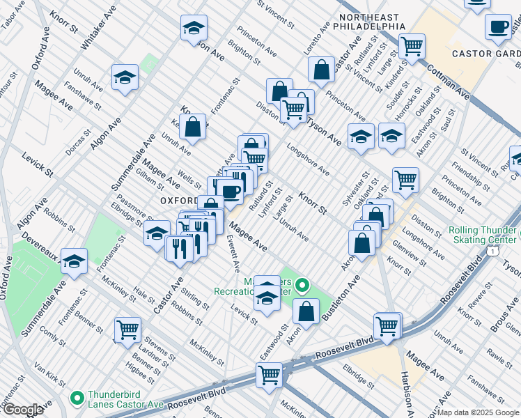 map of restaurants, bars, coffee shops, grocery stores, and more near 6650 Rutland Street in Philadelphia