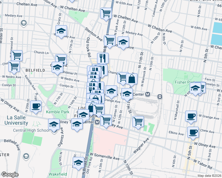 map of restaurants, bars, coffee shops, grocery stores, and more near 1320 West Nedro Avenue in Philadelphia