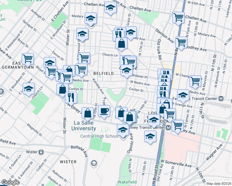 map of restaurants, bars, coffee shops, grocery stores, and more near 1823 West Grange Avenue in Philadelphia