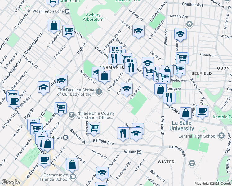map of restaurants, bars, coffee shops, grocery stores, and more near 5612 Stokes Street in Philadelphia