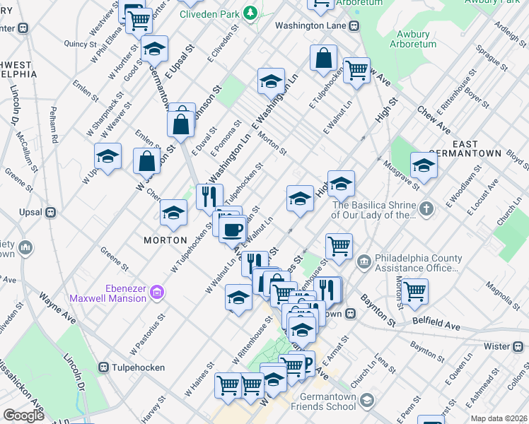map of restaurants, bars, coffee shops, grocery stores, and more near 6111 Baynton Street in Philadelphia
