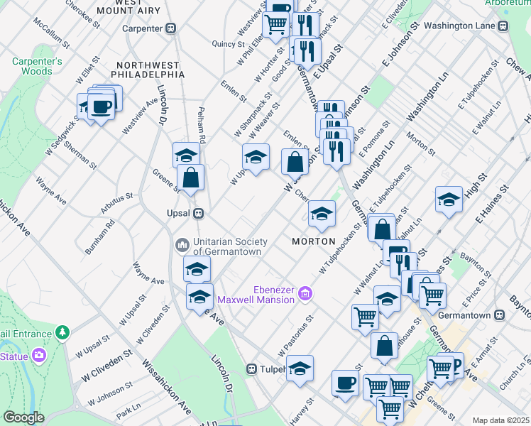 map of restaurants, bars, coffee shops, grocery stores, and more near 220 West Johnson Street in Philadelphia