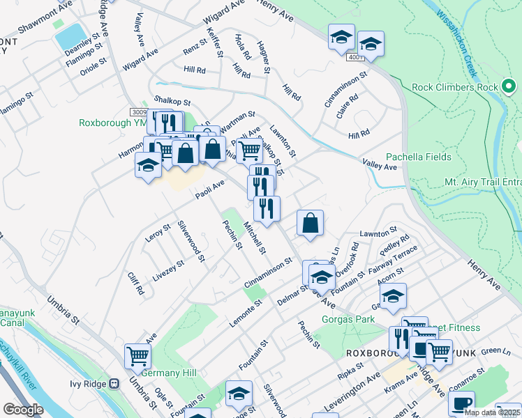 map of restaurants, bars, coffee shops, grocery stores, and more near 6802 Ridge Avenue in Philadelphia