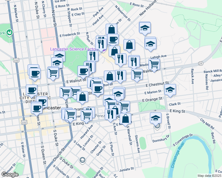 map of restaurants, bars, coffee shops, grocery stores, and more near 435 East Chestnut Street in Lancaster