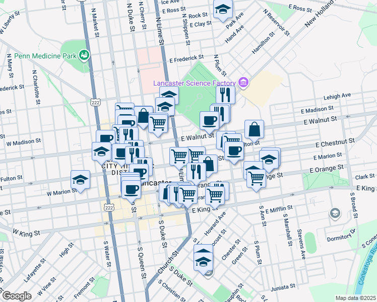 map of restaurants, bars, coffee shops, grocery stores, and more near 240 East Fulton Street in Lancaster