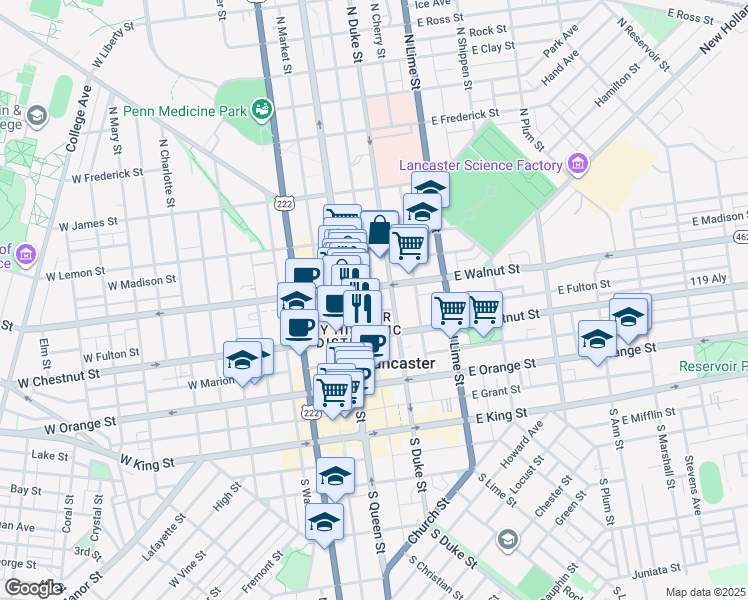 map of restaurants, bars, coffee shops, grocery stores, and more near 38 East Walnut Street in Lancaster