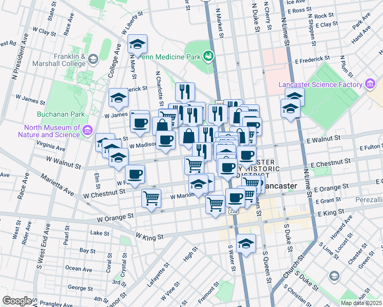 map of restaurants, bars, coffee shops, grocery stores, and more near 251 West Walnut Street in Lancaster