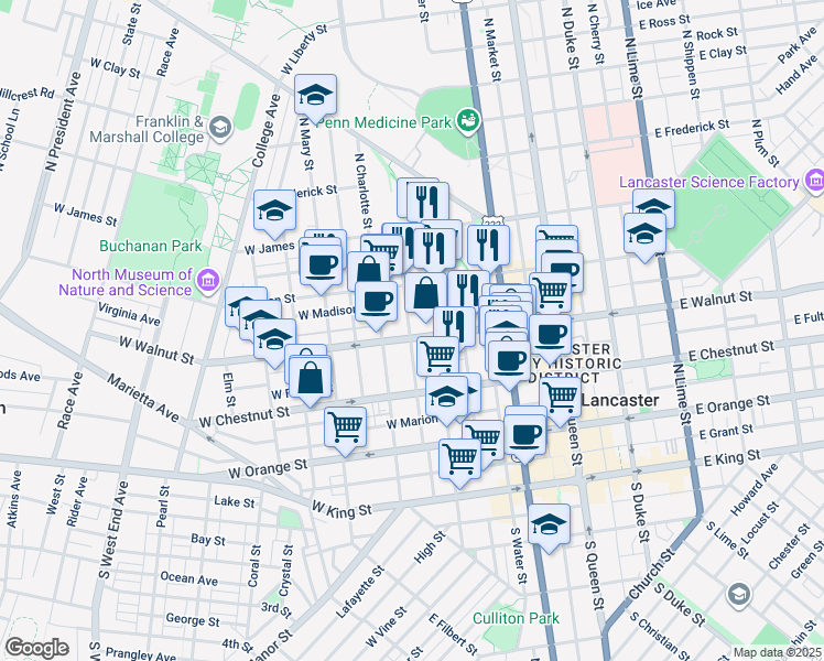 map of restaurants, bars, coffee shops, grocery stores, and more near 312 North Concord Street in Lancaster